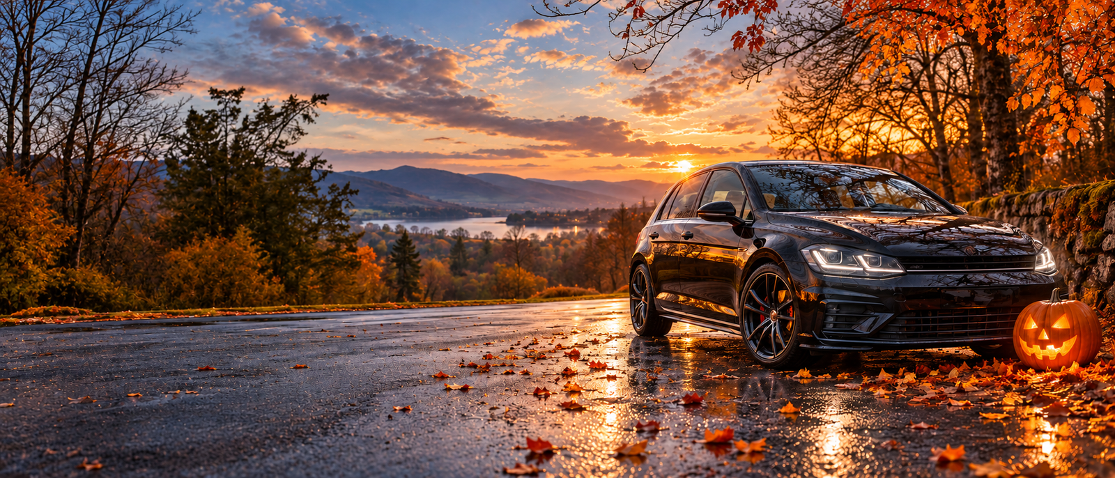 Black hatchback and glowing pumpkin on a wet autumn road at sunset